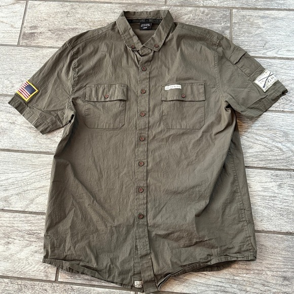 Grunt Style Olive Green Button Up Shirt Patches Short Sleeve Mens Large - Picture 1 of 8